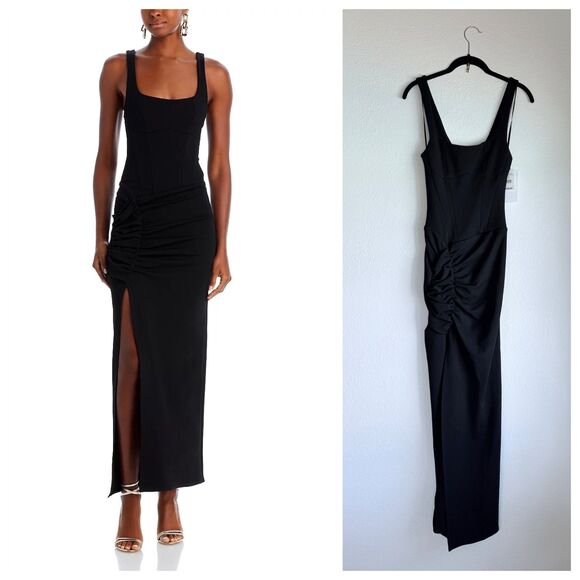 NWT The Mannei Wishaw Ruched Square Neck Scoop Back Maxi Dress in Black Size 2 - Picture 1 of 12